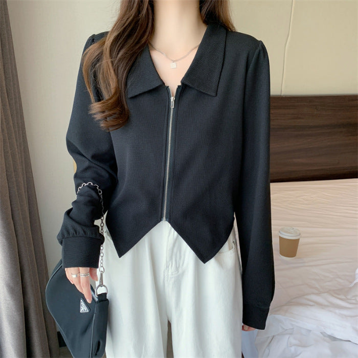 Damen modische cropped Jacke mit Reißverschluss und elegantem Kragen Drune