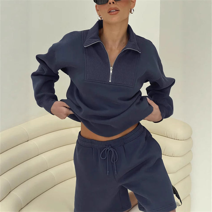 Damen lässiger Sweatshirt- und Short-Anzug mit Stehkragen und praktischem Reißverschluss Drune