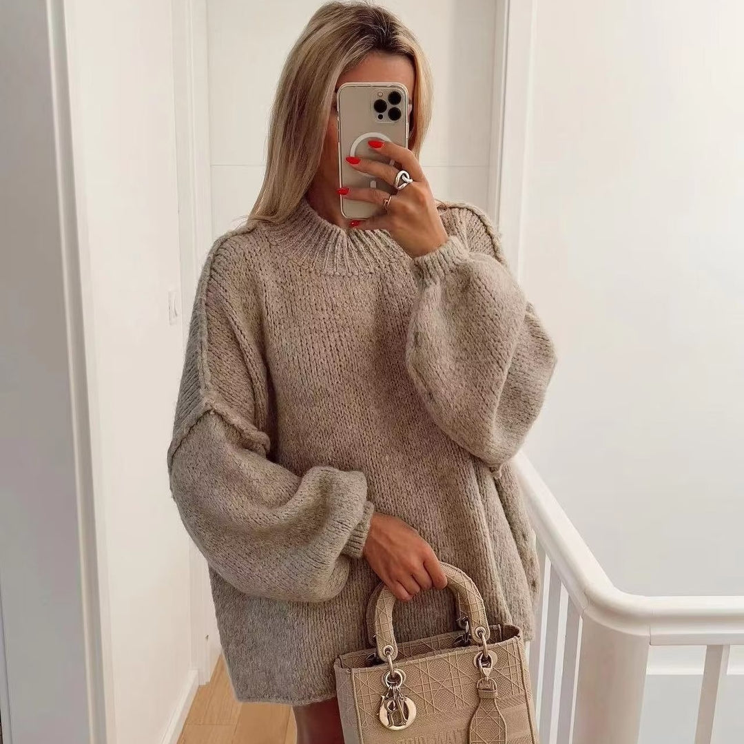 Damen Grobstrick-Pullover mit Stehkragen, überschnittenen Schultern und Ballonärmeln Drune