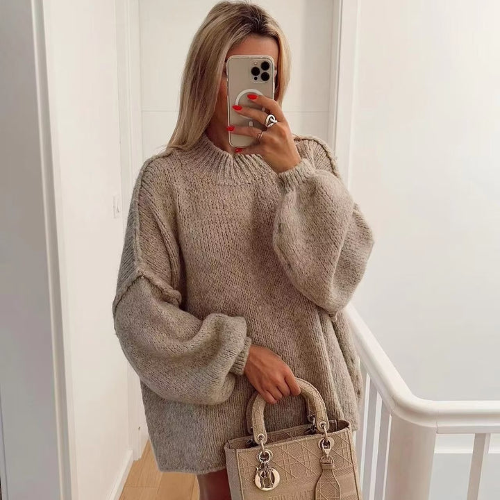 Damen Grobstrick-Pullover mit Stehkragen, überschnittenen Schultern und Ballonärmeln Drune