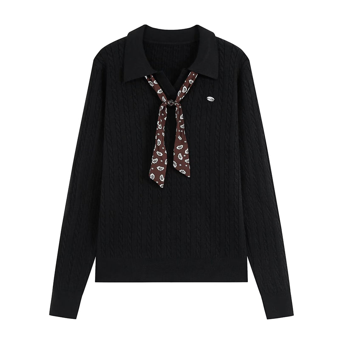 Damen Strickpullover mit Troyer‑Kragen und Zierkrawatte Drune