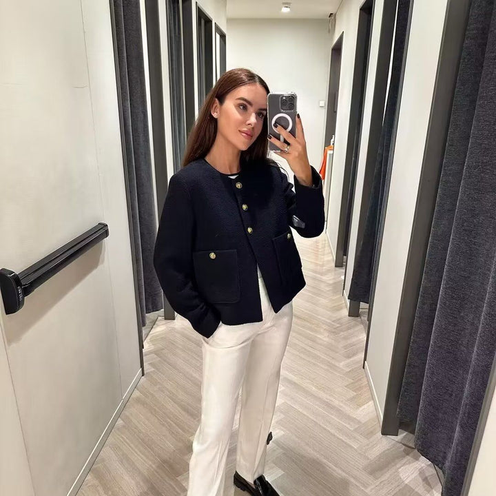 Damen nan kurz geschnittene Tweedjacke mit Boucléstruktur, rundem Ausschnitt und dekorativen goldknöpfen Drune