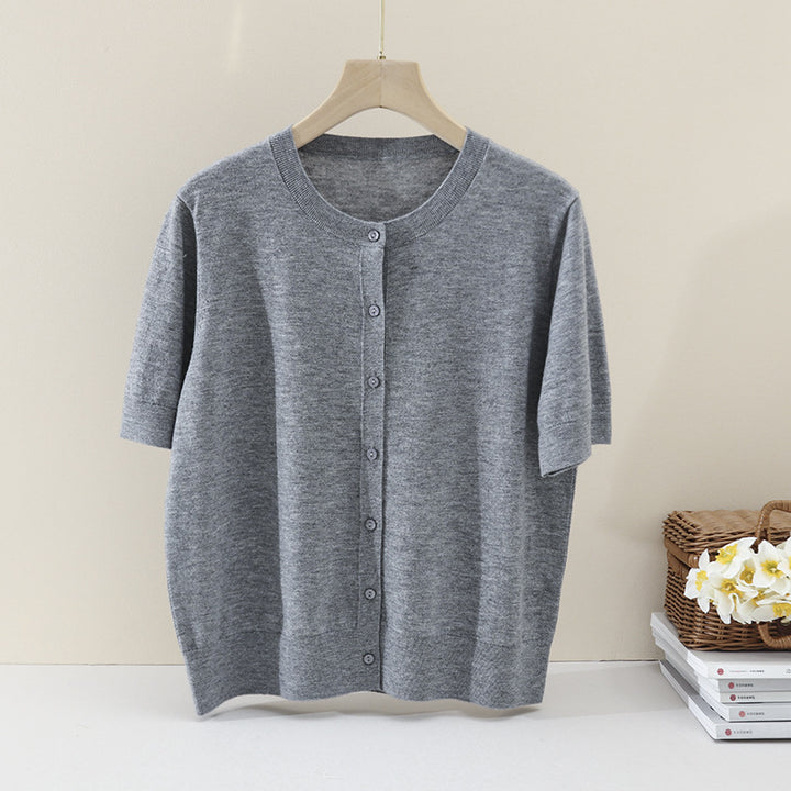 Damen Kurzarm-Feinstrick-Cardigan mit Rundhalsausschnitt und durchgehender Knopfleiste Drune
