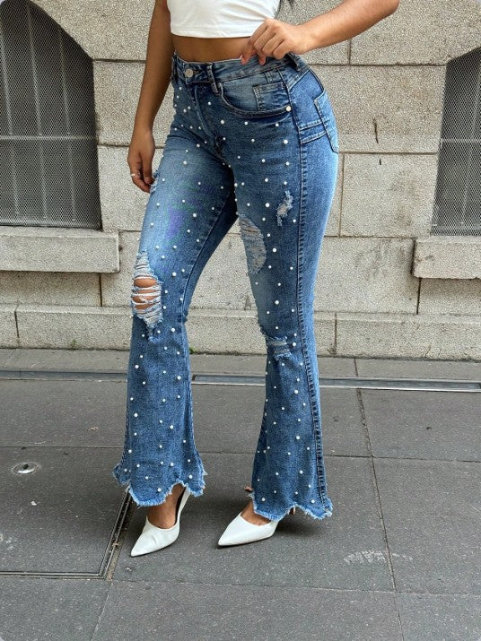 Damen Hochtaillierte Schlagjeans mit Perlenapplikation, Destroyed-Effekten und fransigem Saum Drune