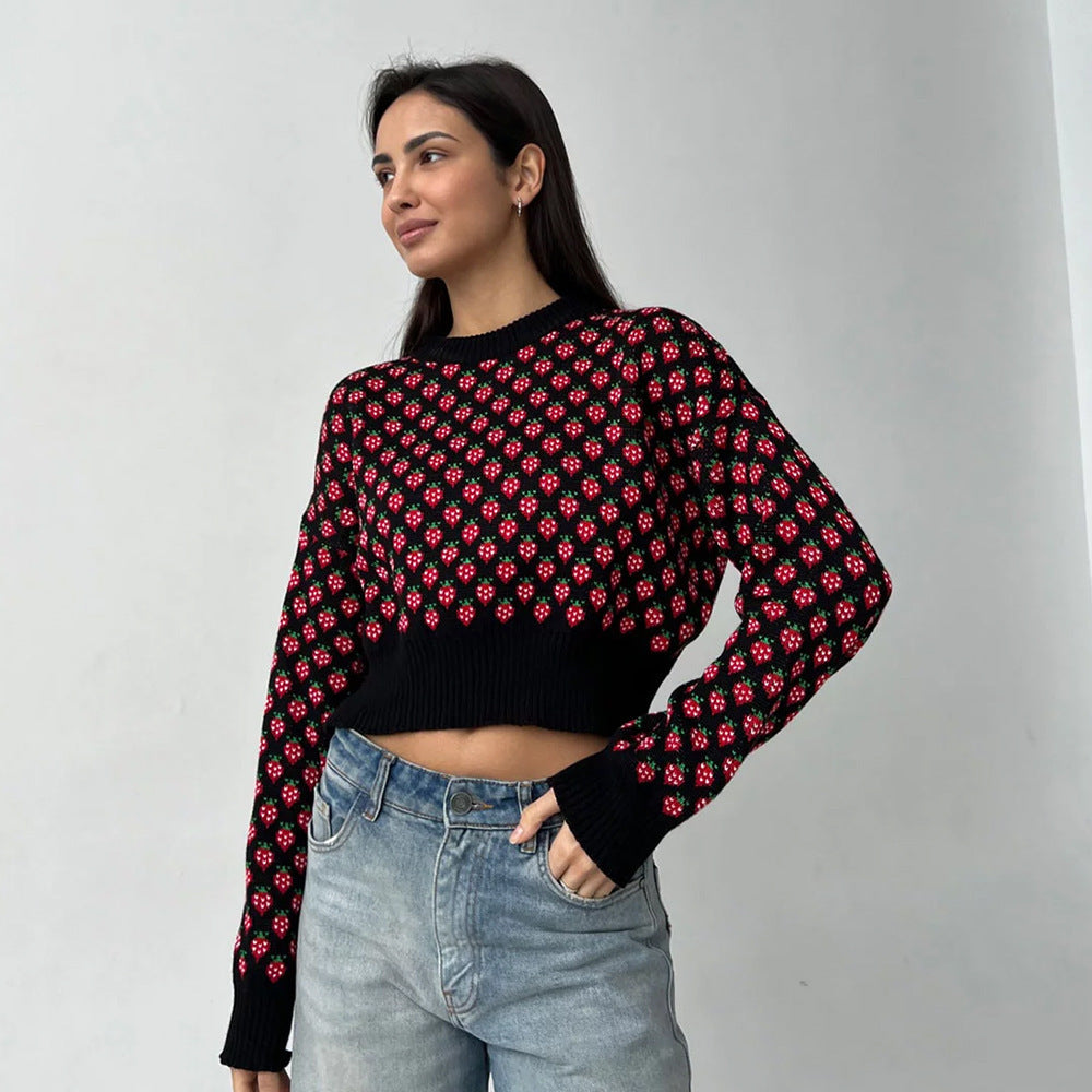 Damen Gestreifter Cropped Pullover mit floralem Muster Drune