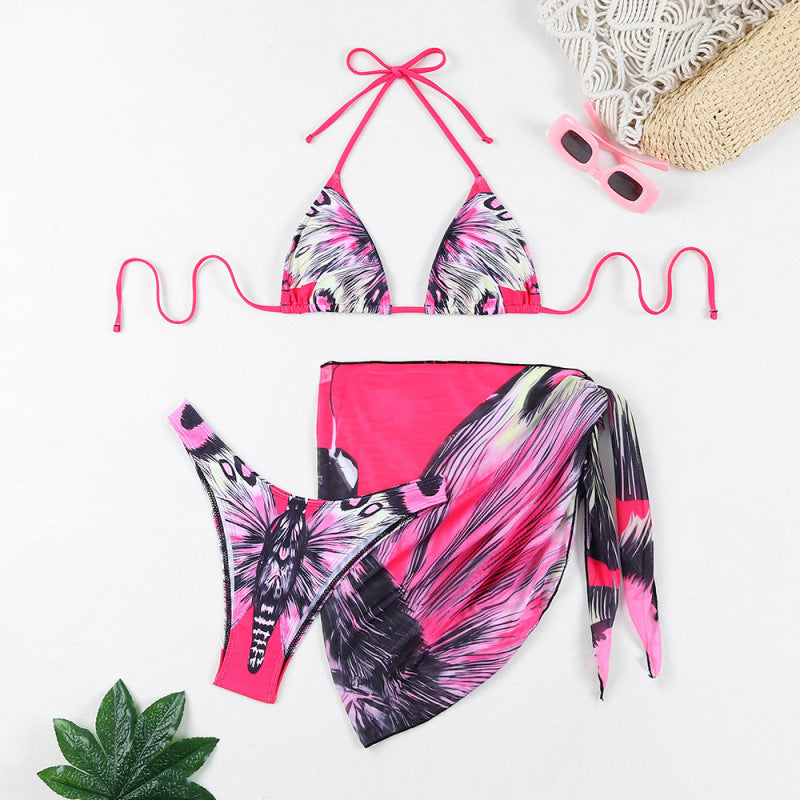 Damen Triangel-Bikini mit verspieltem Wickeldetail und buntem Tropenmotiv Drune
