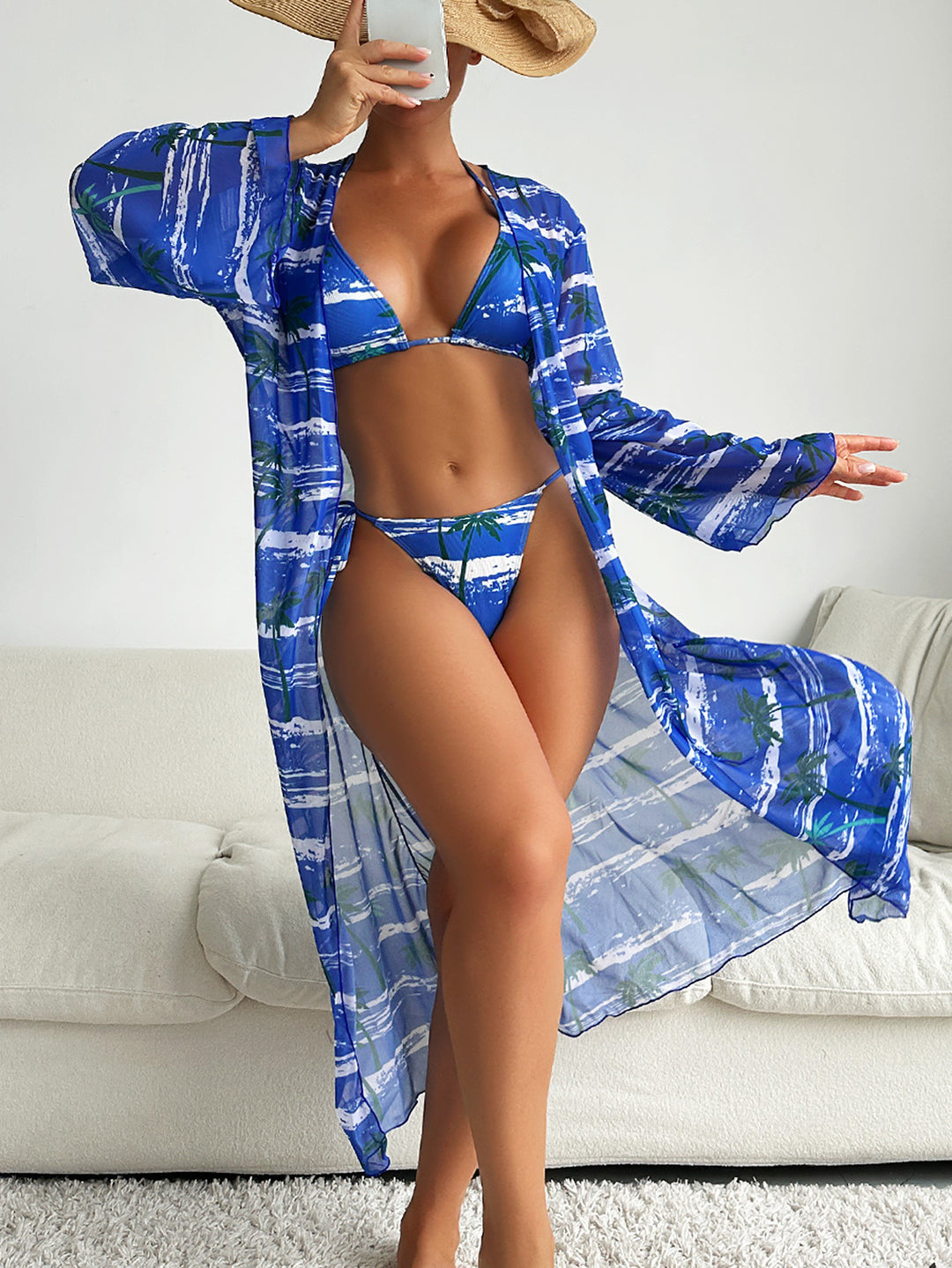 Damen Strandmode mit leicht transparentem Kimono und modischem Bikini Drune