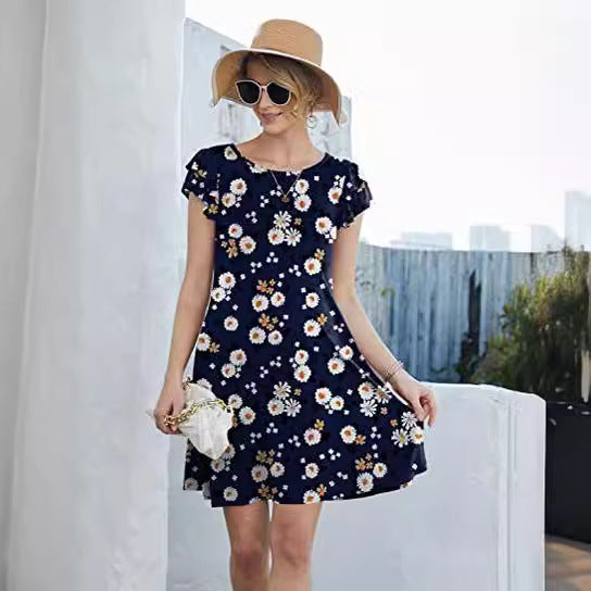 Damen Sommerliches Blumenkleid mit Rüschendetails und schwingendem Rock Drune