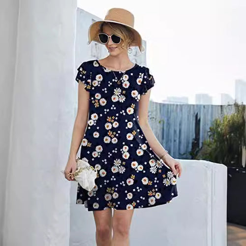 Damen Sommerliches Blumenkleid mit Rüschendetails und schwingendem Rock Drune
