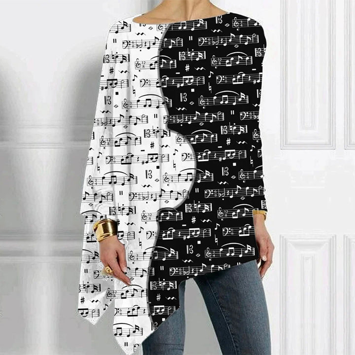 Damen Asymmetrisches Musikprint-Longsleeve mit Klavier- und Notenmotiv Drune