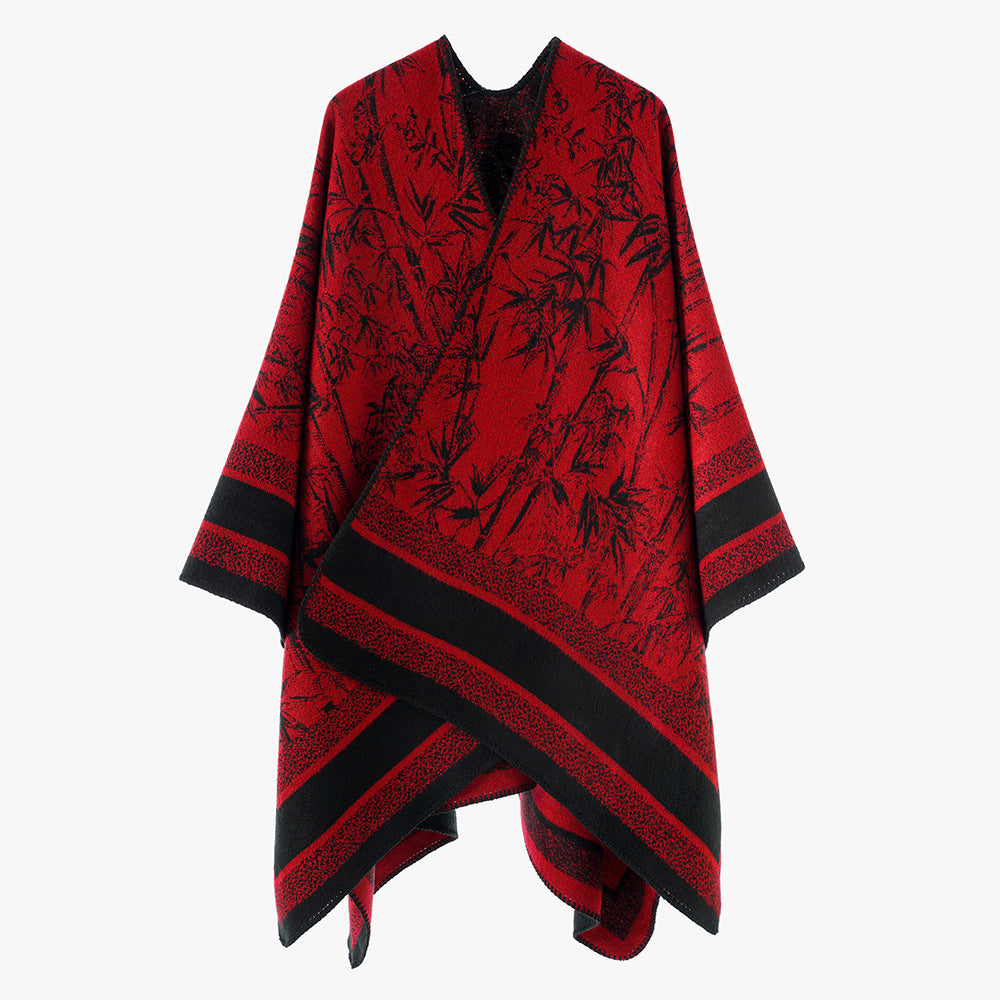 Damen Grobgewebter Jacquard-Capeponcho mit Bambusmotiv und asymmetrischem Zipfelsaum Drune