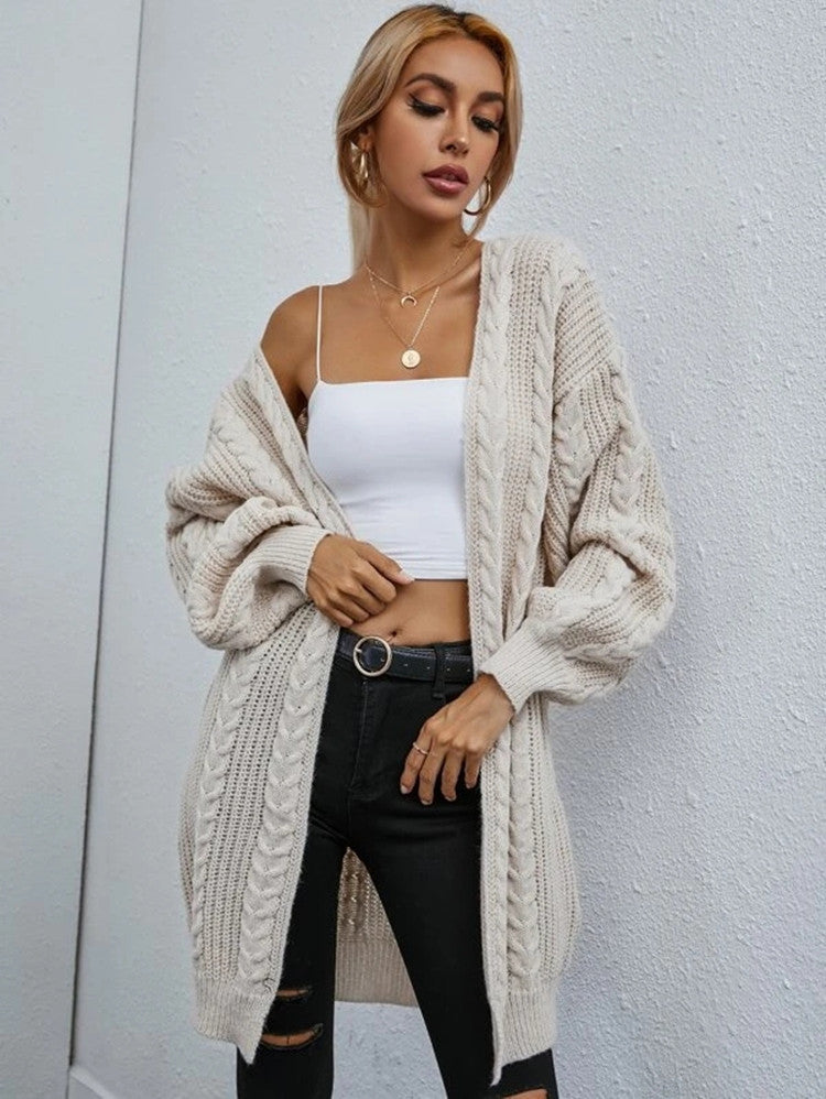 Damen Grobstrick Cardigan mit Kapuze und Zopfdesign Drune