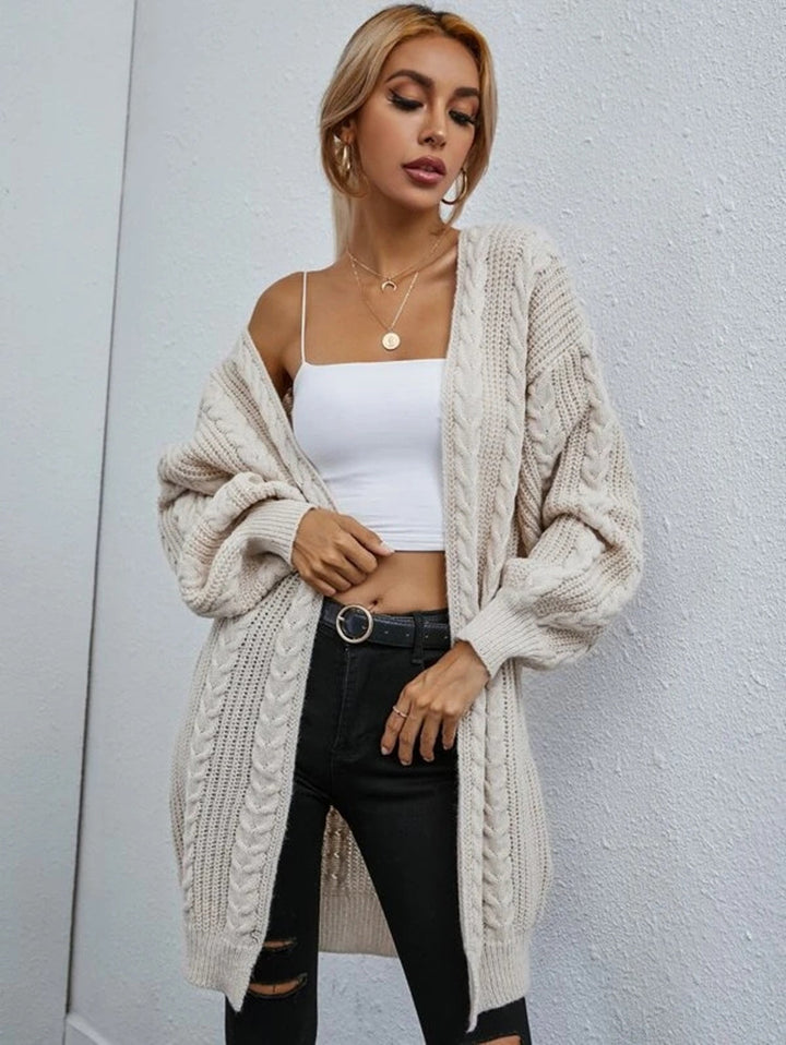 Damen Grobstrick Cardigan mit Kapuze und Zopfdesign Drune