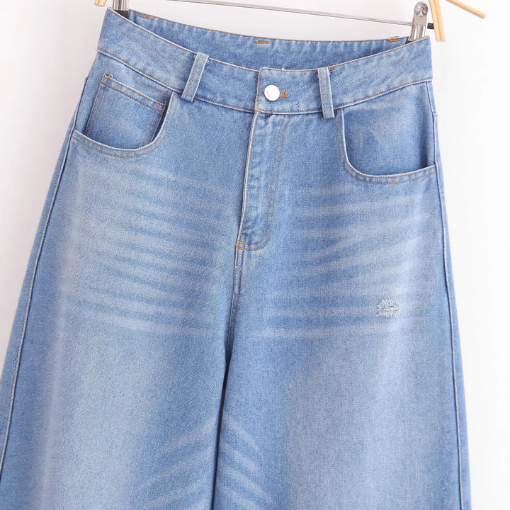 Damen High-Waist-Jeanshose mit weitem Bein, geradem Saum und dezenter Used‑Optik Drune