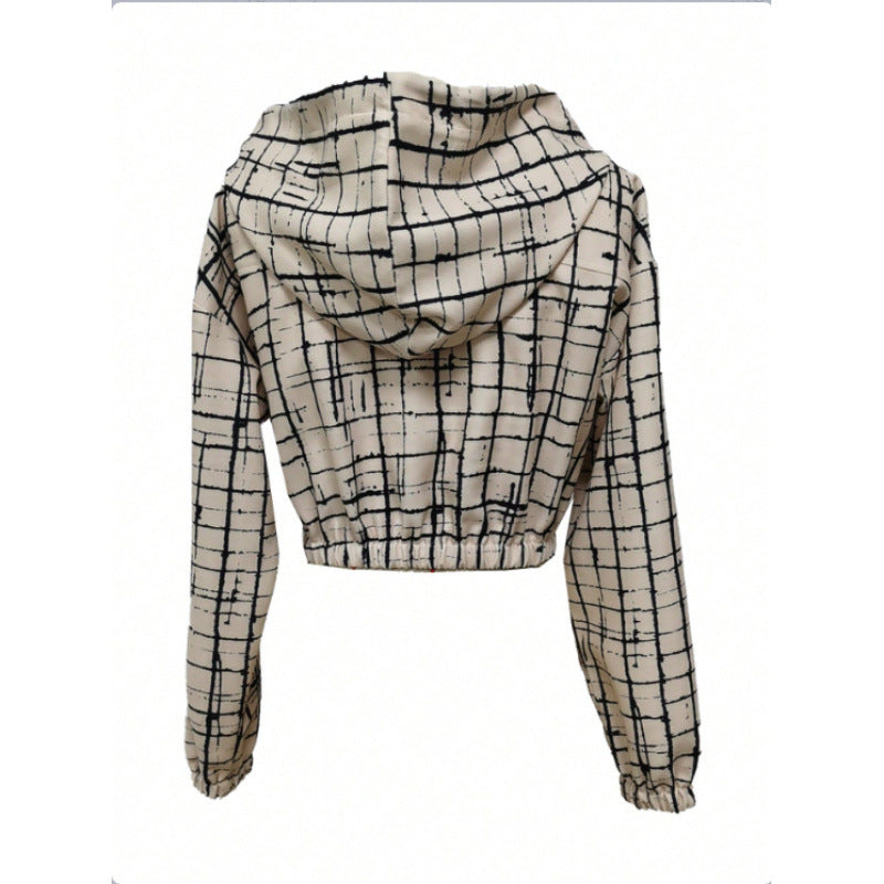 Damen stylische kurz geschnittene Jacke mit geometrischem Muster und moderner Kängurutasche Drune