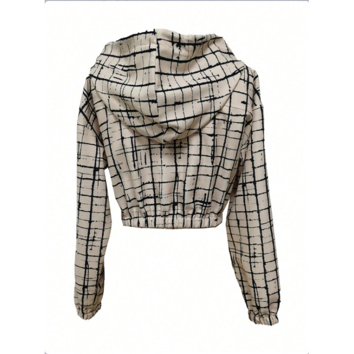 Damen stylische kurz geschnittene Jacke mit geometrischem Muster und moderner Kängurutasche Drune