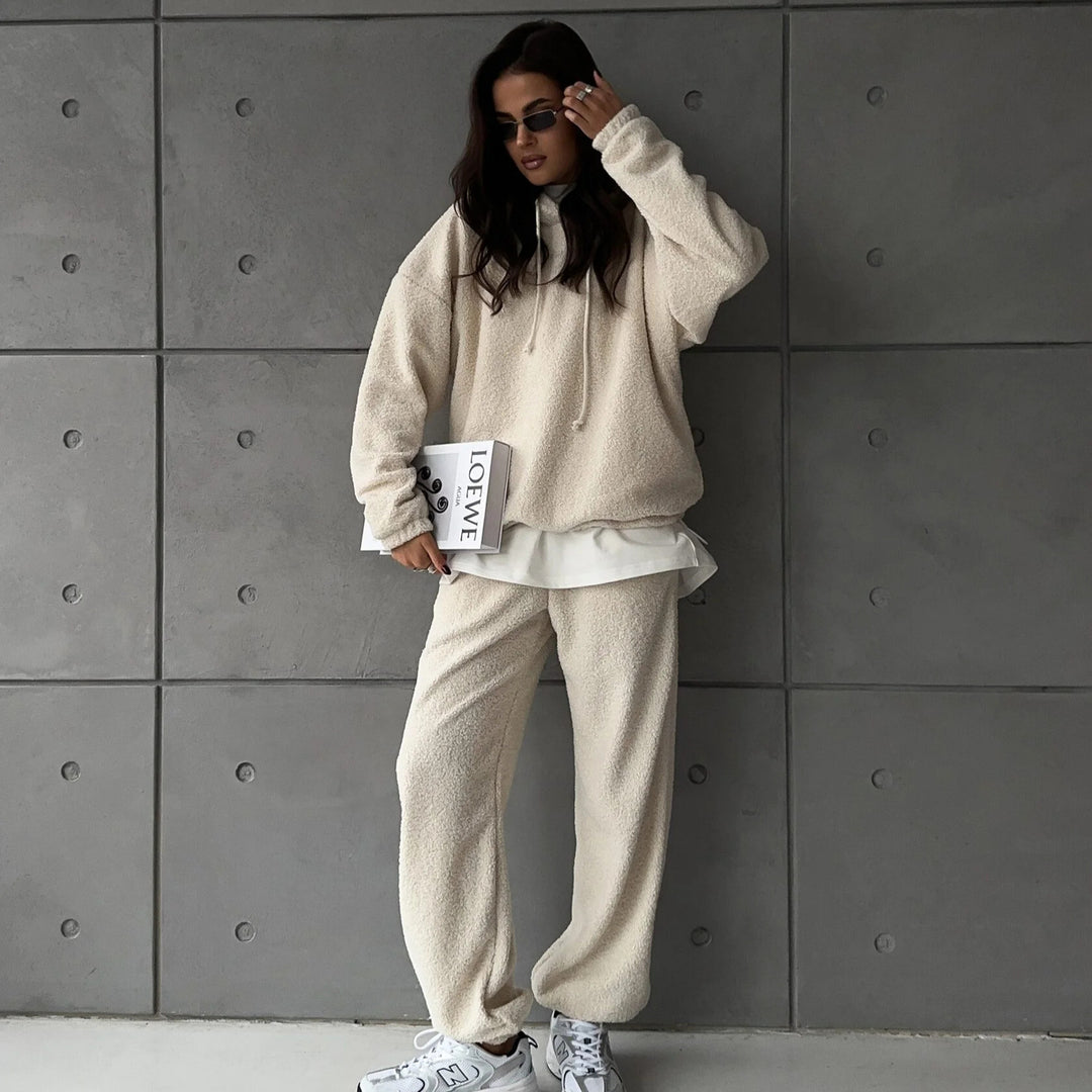 Damen Kuscheliges Sherpa-Loungewear-Set mit Oversized-Kapuzenpullover und weiten Bündchenhosen Drune