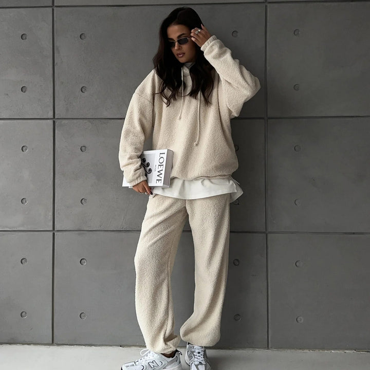 Damen Kuscheliges Sherpa-Loungewear-Set mit Oversized-Kapuzenpullover und weiten Bündchenhosen Drune