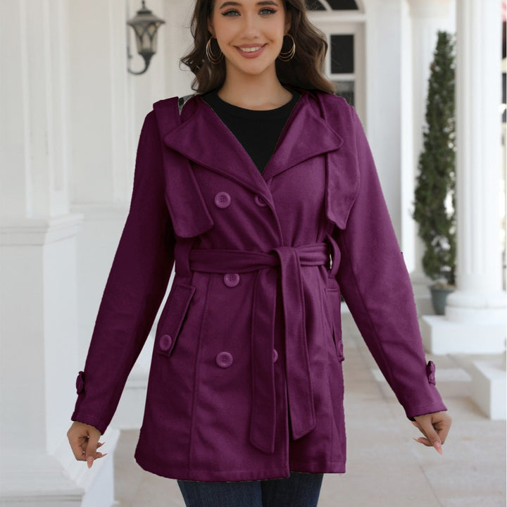 Damen Doppelreihiger Trenchcoat mit Kapuze, Taillengürtel & breitem Revers Drune