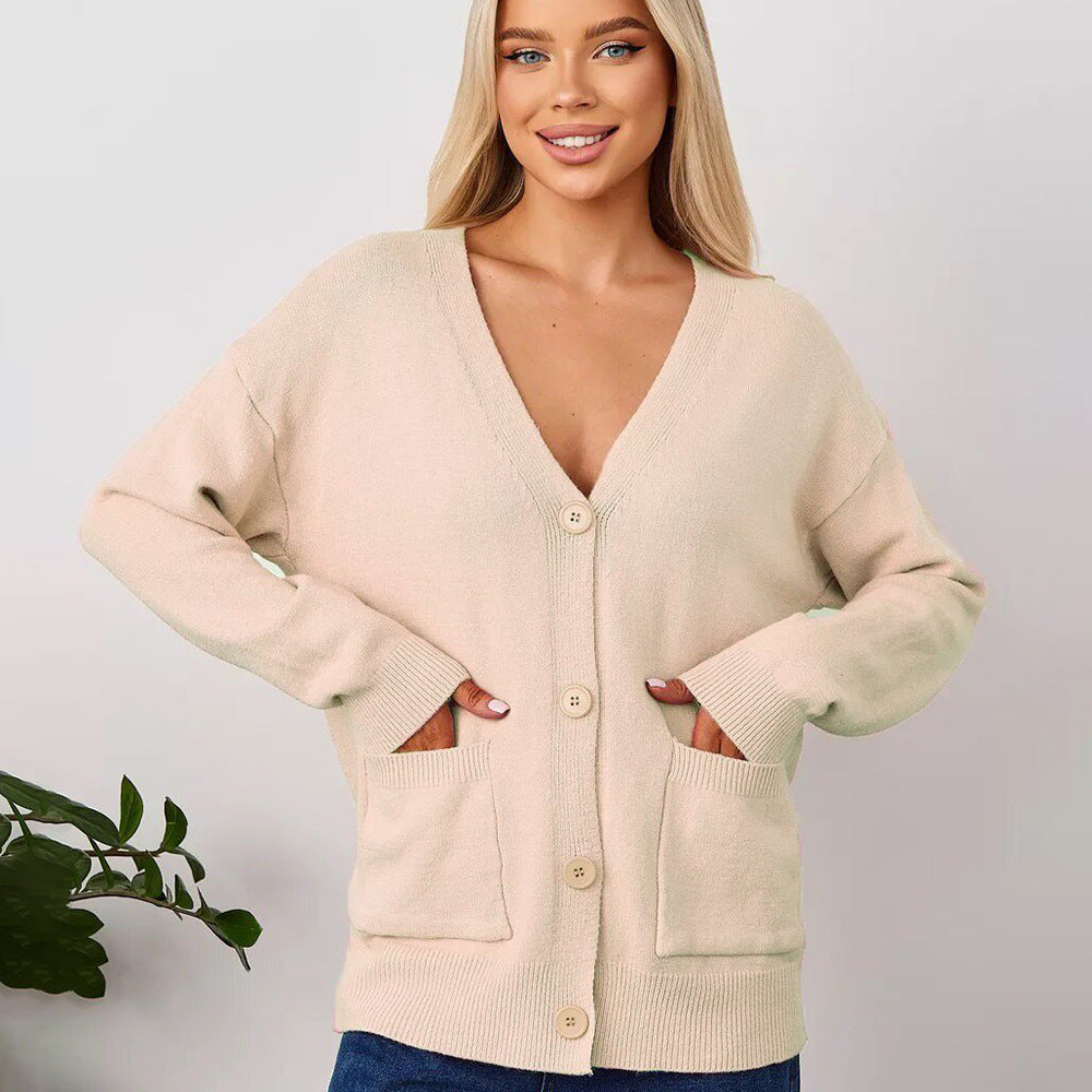Damen Grobstrick-Cardigan mit tiefem V-Ausschnitt und praktischen Taschen Drune