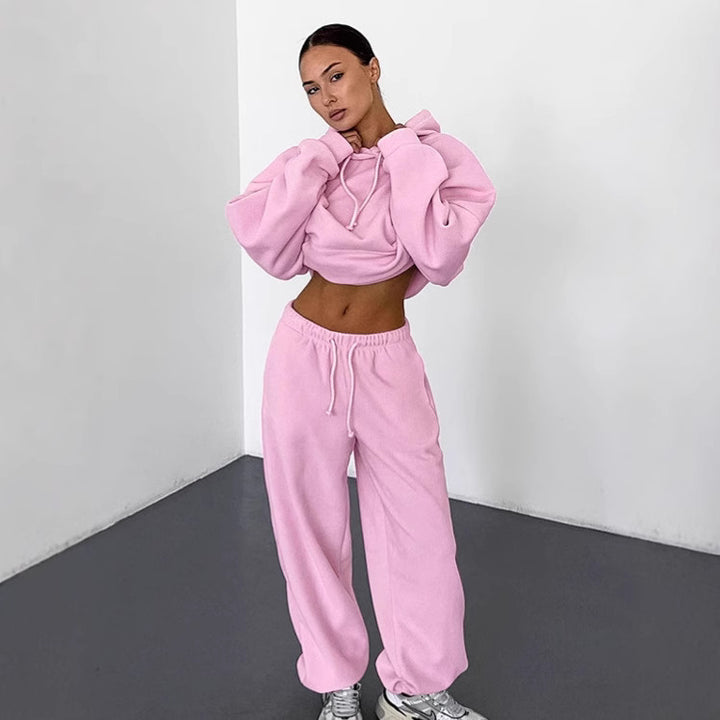 Damen Fleece Lounge-Set mit weiten Beinen und Kapuze Drune