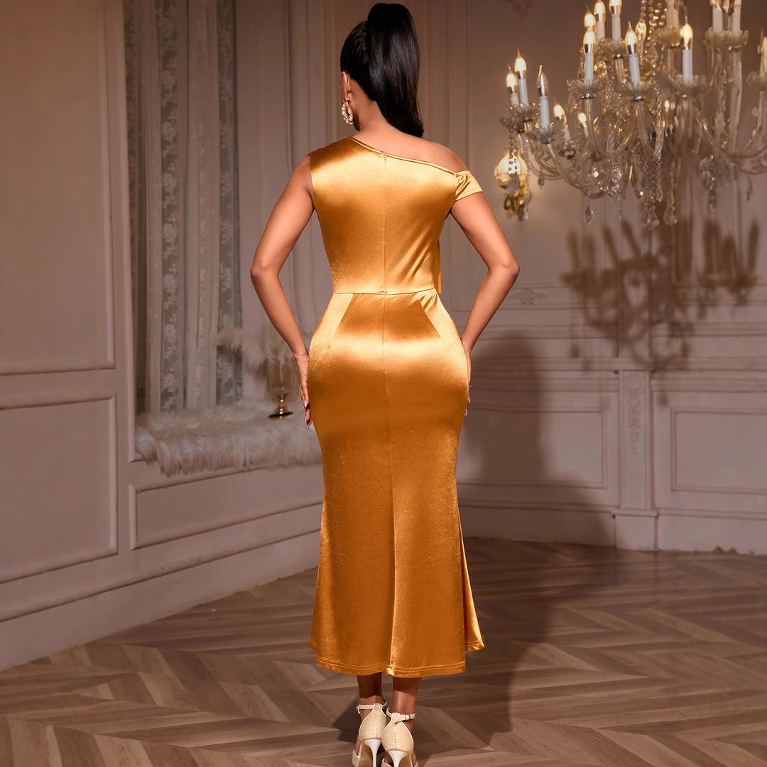 Damen elegantes Satin-Cocktailkleid mit einem Schulterdesign und Rüschenakzent Drune
