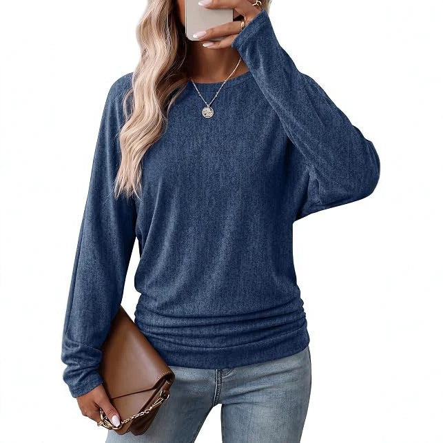 Damen Lässiges Langarm-Feinstrickshirt mit überschnittener Schulter und lockerem Saum Drune