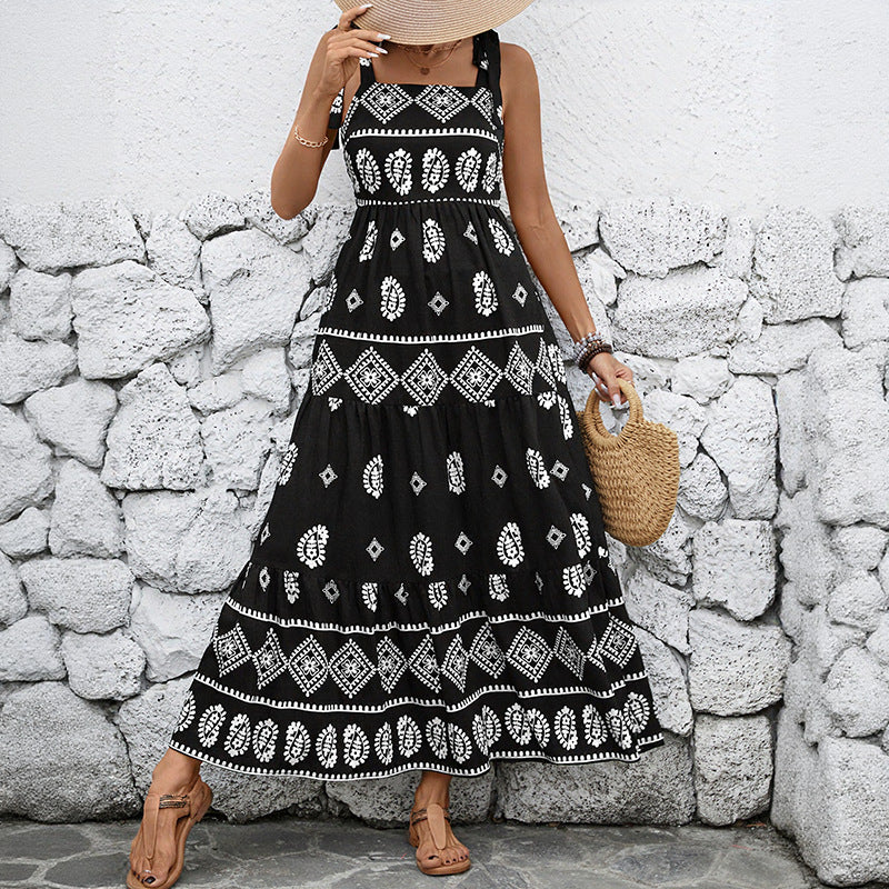 Damen Maxikleid mit Rüschendetails und Vintage-Muster Drune