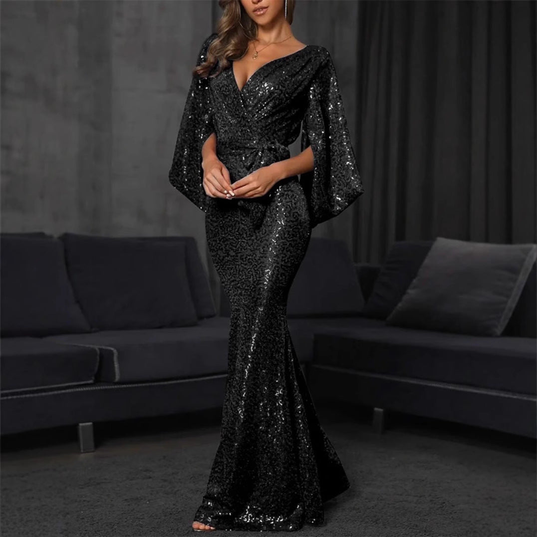 Damen Elegantes Pailletten-Mermaid-Kleid mit tiefem V-Ausschnitt und voluminösen Ärmeln Drune
