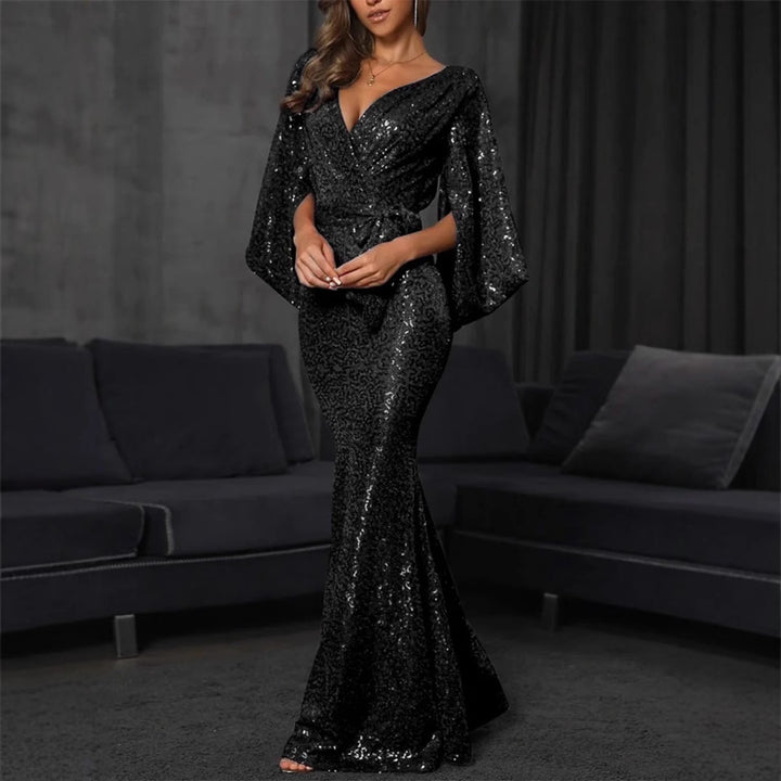 Damen Elegantes Pailletten-Mermaid-Kleid mit tiefem V-Ausschnitt und voluminösen Ärmeln Drune