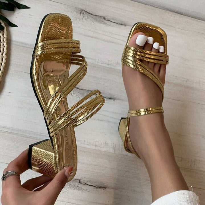 Damen nan elegante Mehrfachriemen-Mule mit mittelhohem Blockabsatz und Schlangenprägung Drune