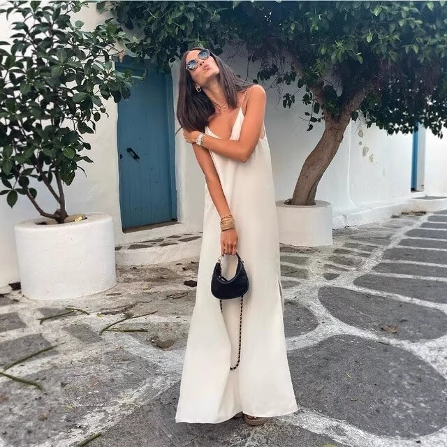 Damen Maxikleid mit seitlichem Schlitz und modernen Trägern Drune
