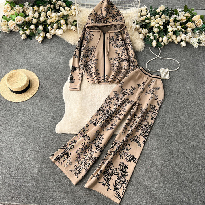 Damen modisches Freizeit-Lounge-Set mit Kapuze und floralem Muster Drune