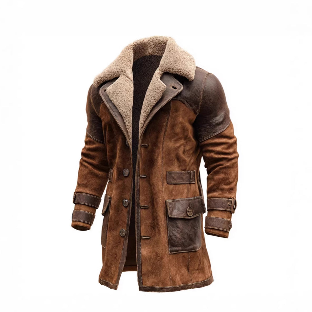 Herren Langer Shearling-Mantel aus Wildleder mit Lederbesatz Drune