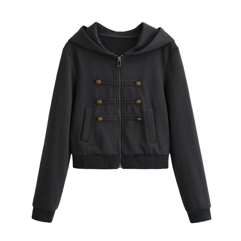 Damen Cropped Kapuzenblouson im Military‑Look mit Zierknopfleiste und geripptem Saum Drune