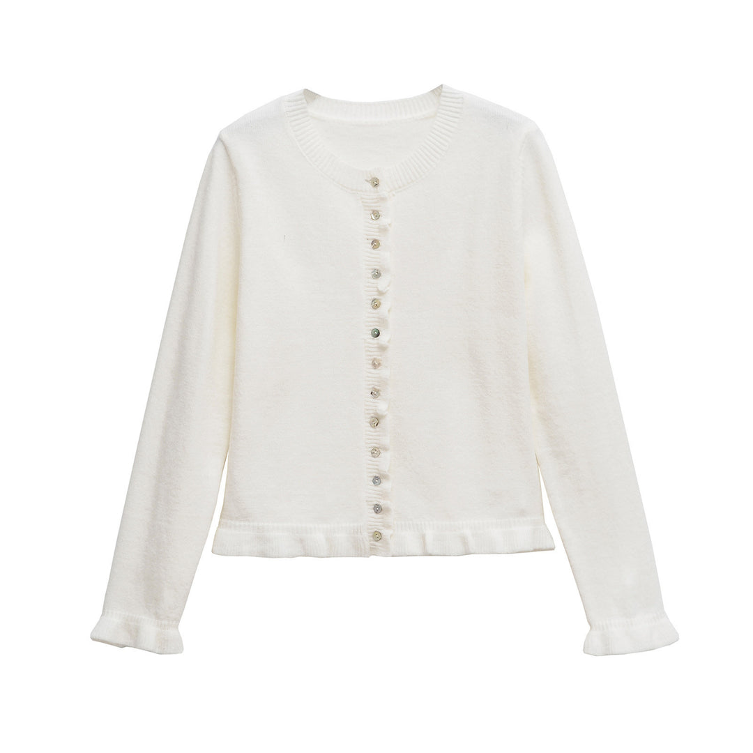 Damen Strickjacke mit Rüschendetails und dekorativen Knöpfen Drune