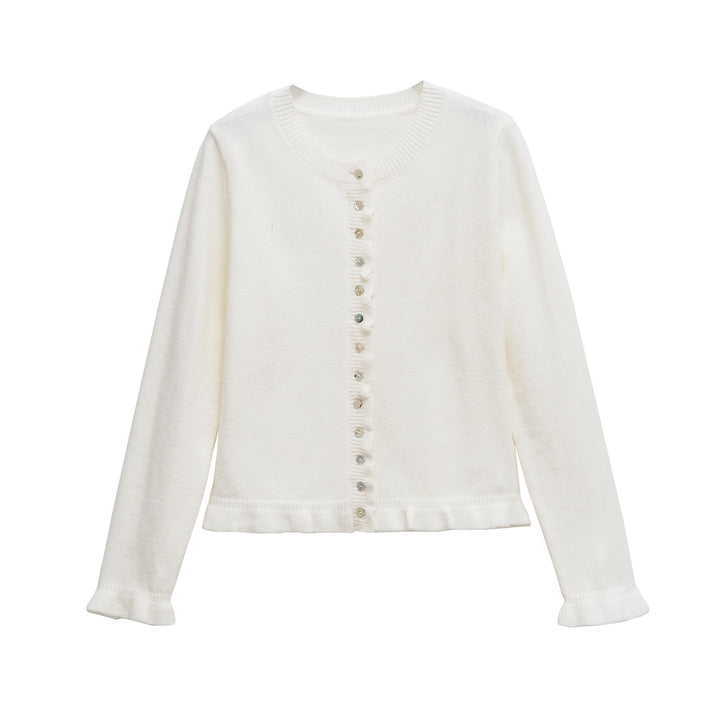Damen Strickjacke mit Rüschendetails und dekorativen Knöpfen Drune