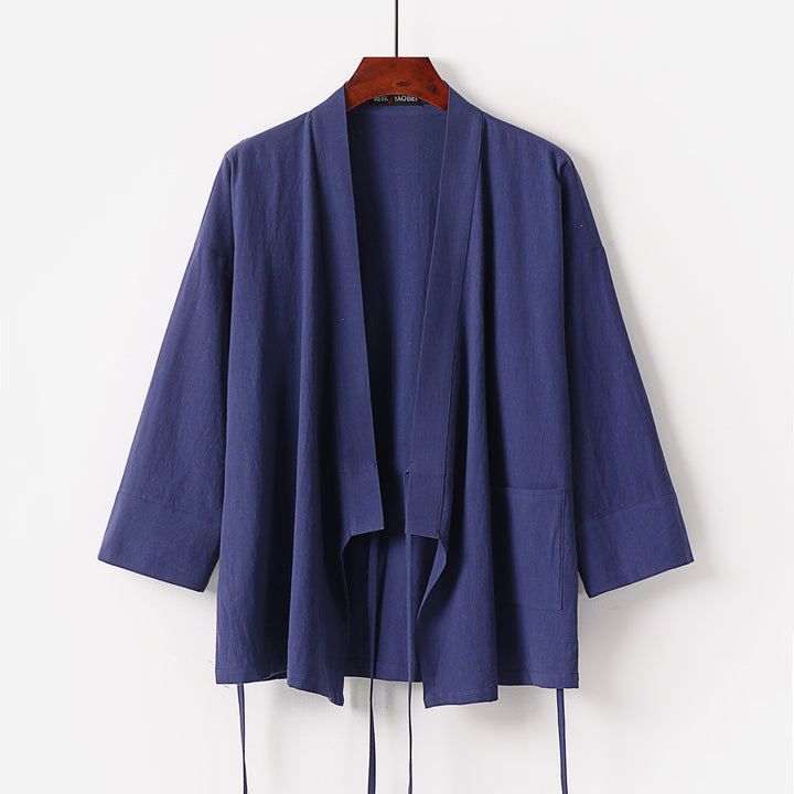 Damen Kimono-Cardigan aus Baumwoll-Leinen mit dreiviertelärmeln Bindegürtel und aufgesetzten Taschen Drune