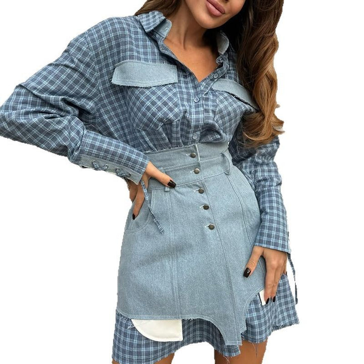 Damen modisches Hemdblusenkleid mit Denim-Elementen Drune