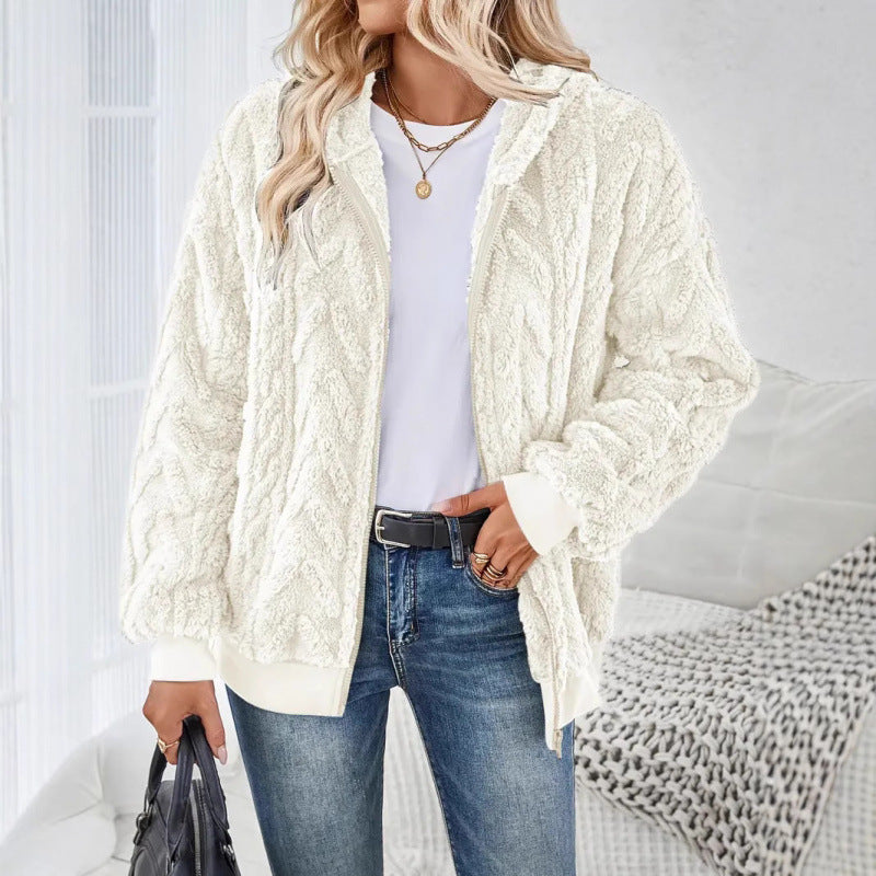 Damen Kuschelige Fleecejacke mit hochschließendem Kragen und Strickmuster Drune