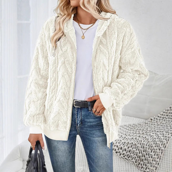 Damen Kuschelige Fleecejacke mit hochschließendem Kragen und Strickmuster Drune
