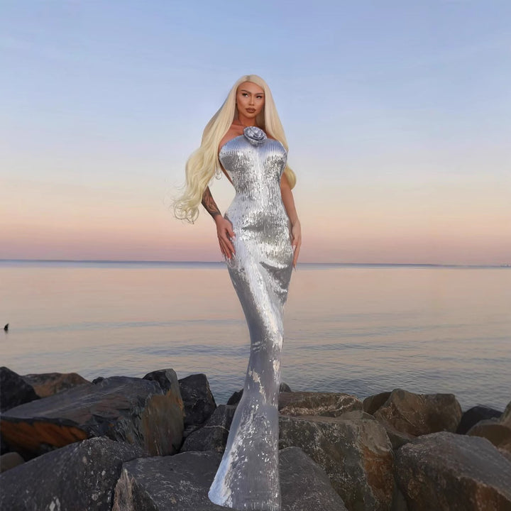 Damen glamouröses Pailletten-Maxikleid mit elegantem Stehkragen Drune