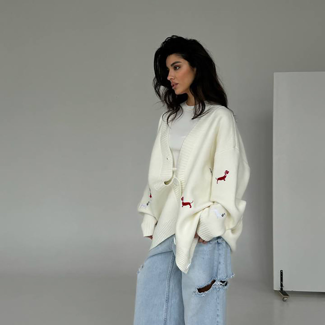 Damen Oversized Strickcardigan mit gestickten Dackelmotiven Drune