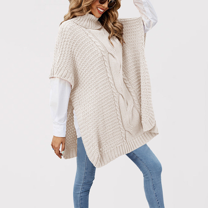 Damen Strickponcho mit hohen Kragen und Kabelmuster Drune