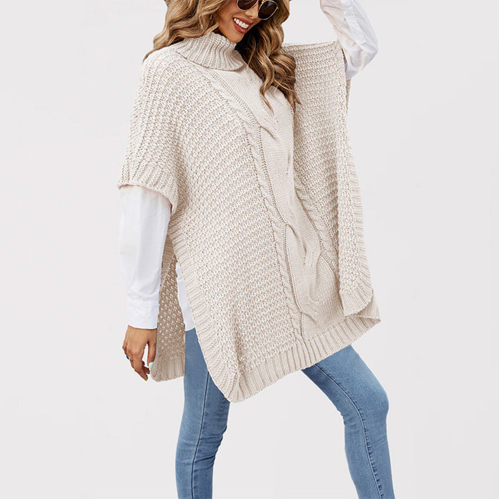 Damen Strickponcho mit hohen Kragen und Kabelmuster Drune