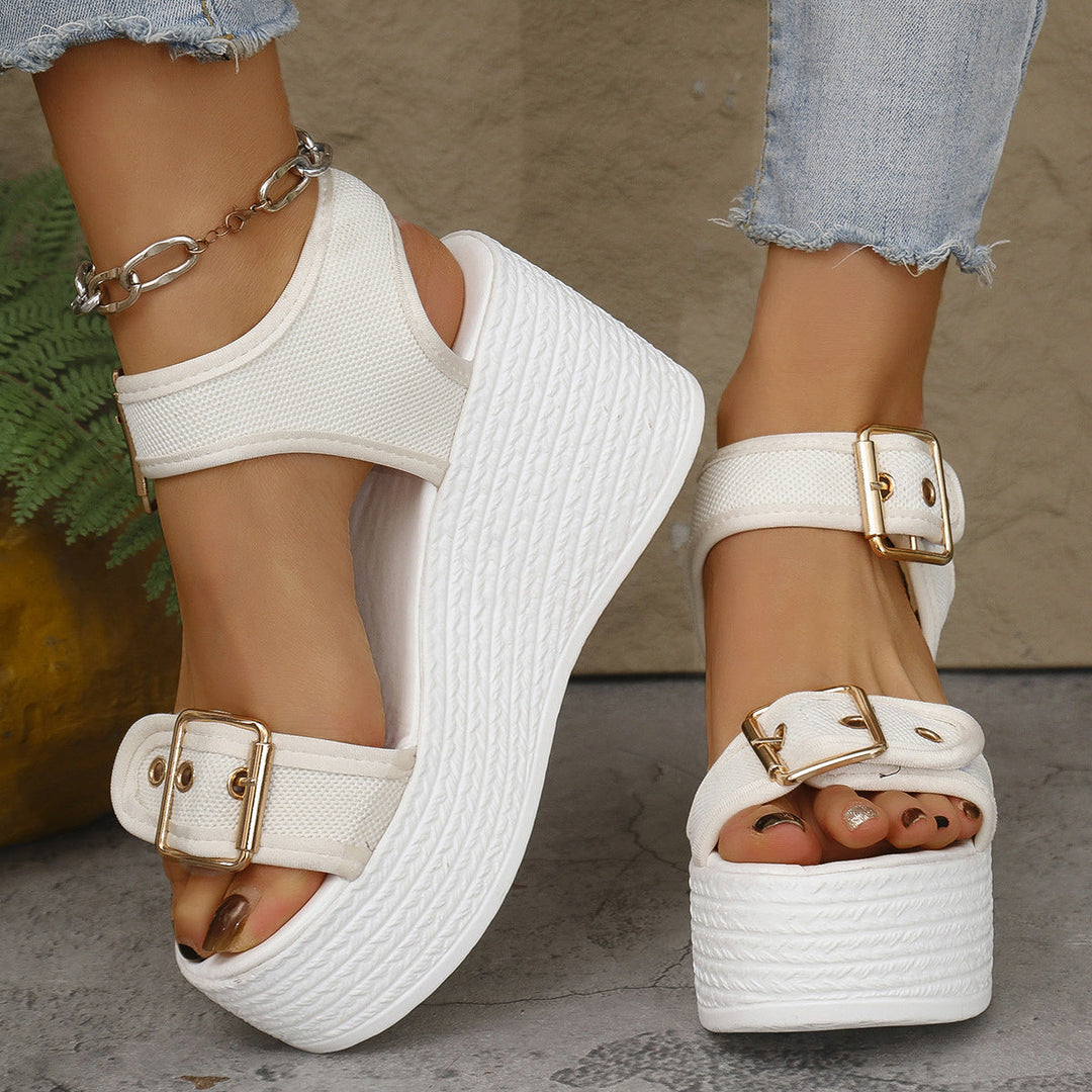 Damen Keil-Sandalen mit verstellbarem Riemen und exquisitem Bast-Design Drune