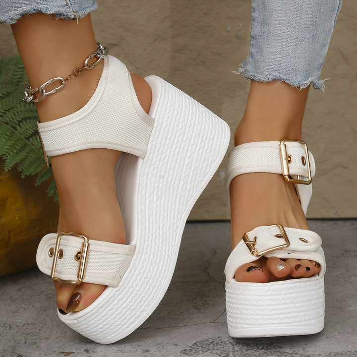 Damen Keil-Sandalen mit verstellbarem Riemen und exquisitem Bast-Design Drune