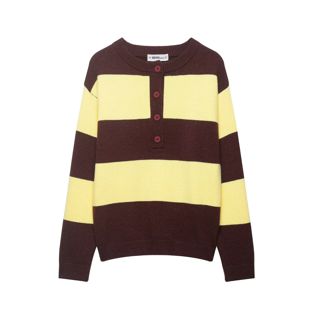 Damen Gestreifter Grobstrick-Pullover im Boxy-Cropped-Schnitt mit Henley-Knopfleiste Drune