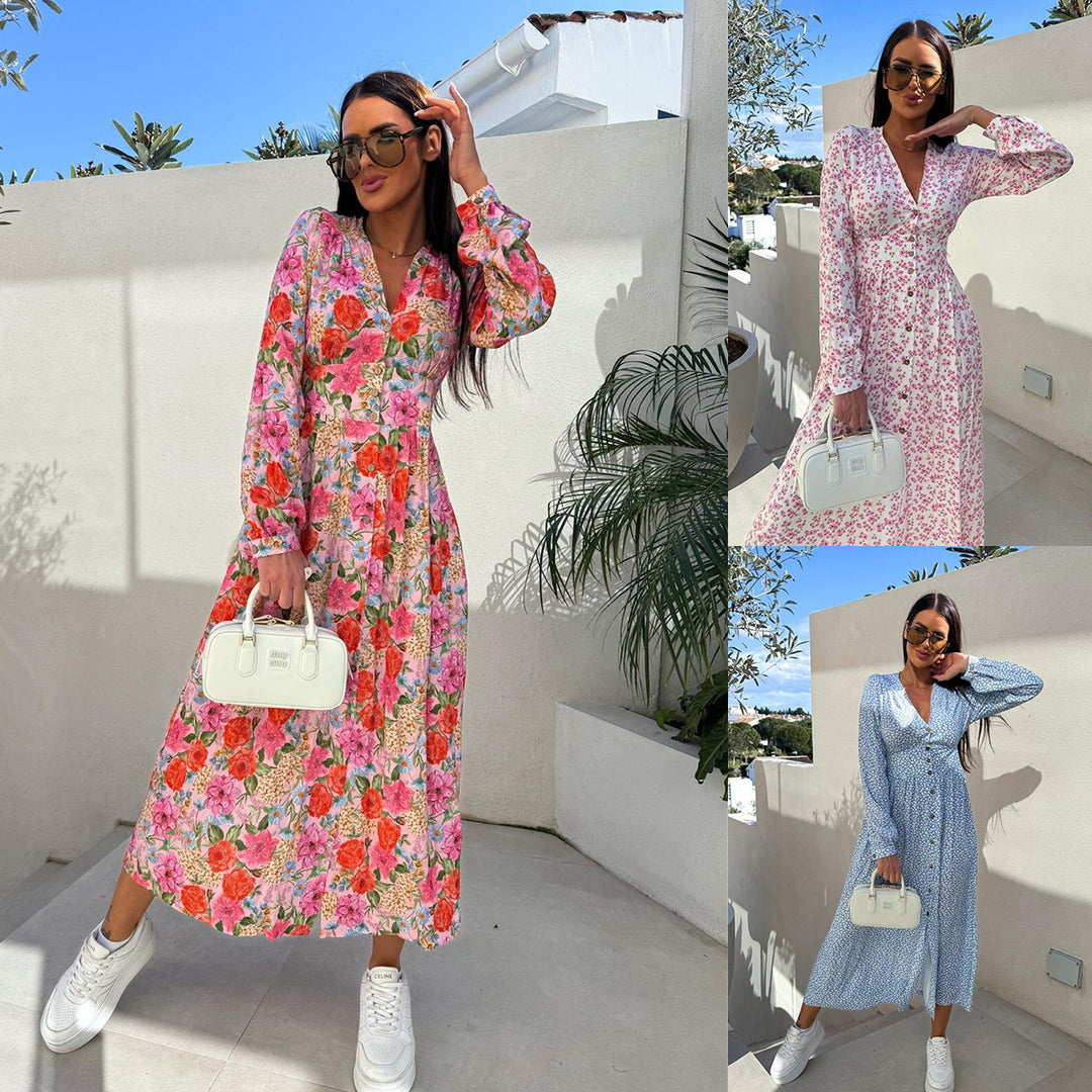 Damen Langarm Kleid mit floralem Design und tailliertem Schnitt Drune