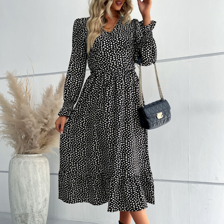 Damen Midikleid mit V-Ausschnitt, geraffter Taille und langen Smokärmeln Drune